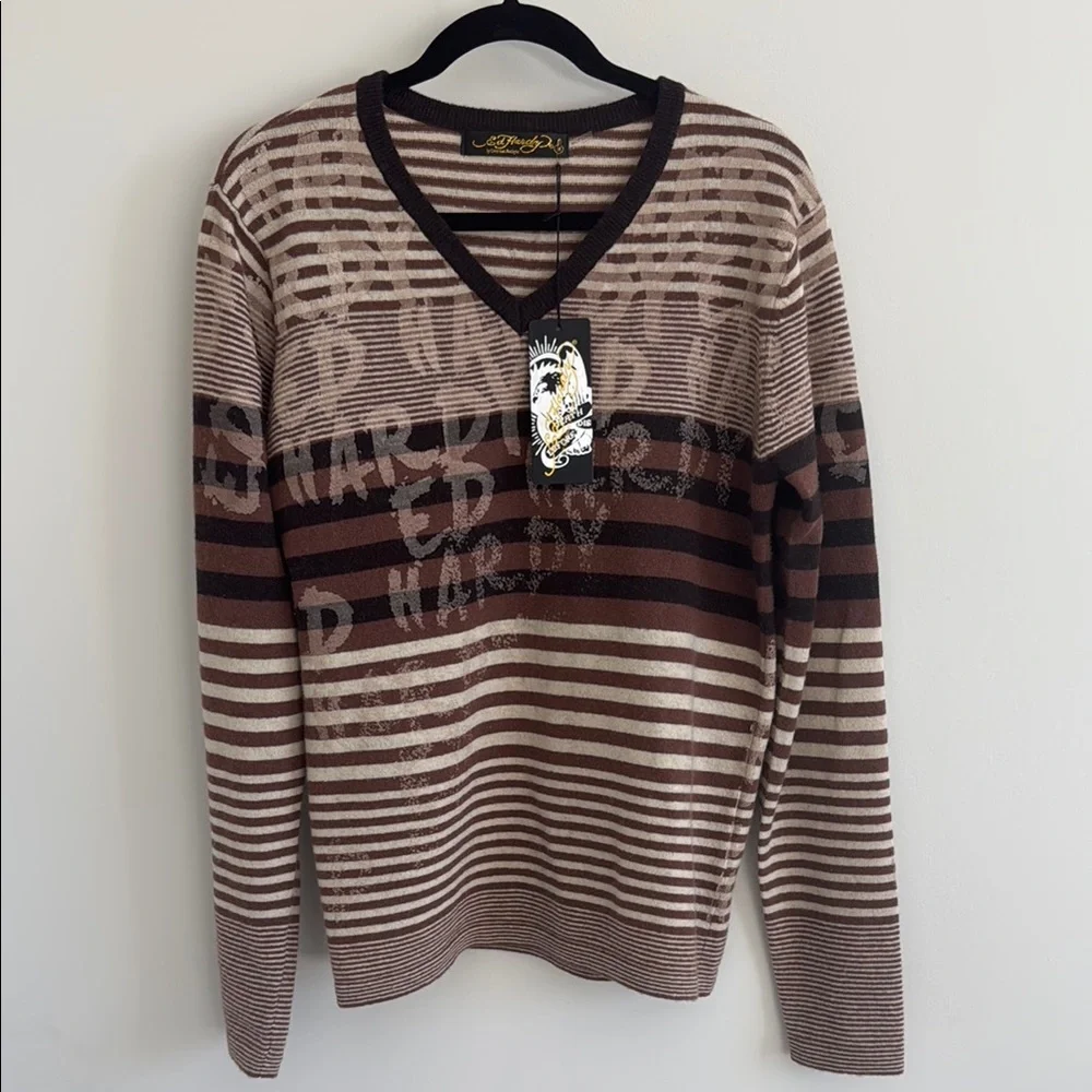 Ed Hardy Christian Audigier V-Neck Sweater Brown Beige Striped Wool Blend NWT